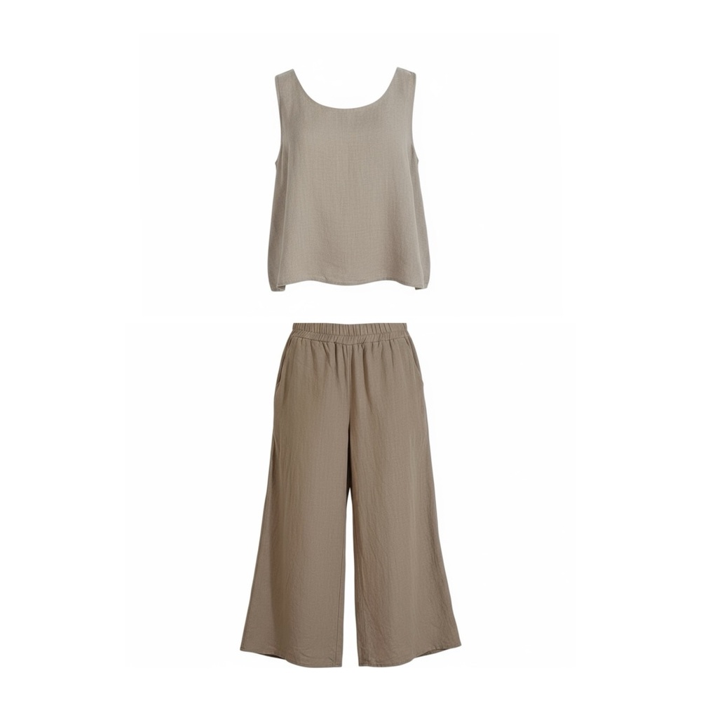 Anrabess Taupe Linen Blend Two-Piece Set Sleeveless Top & Wide-Leg Pants Size L